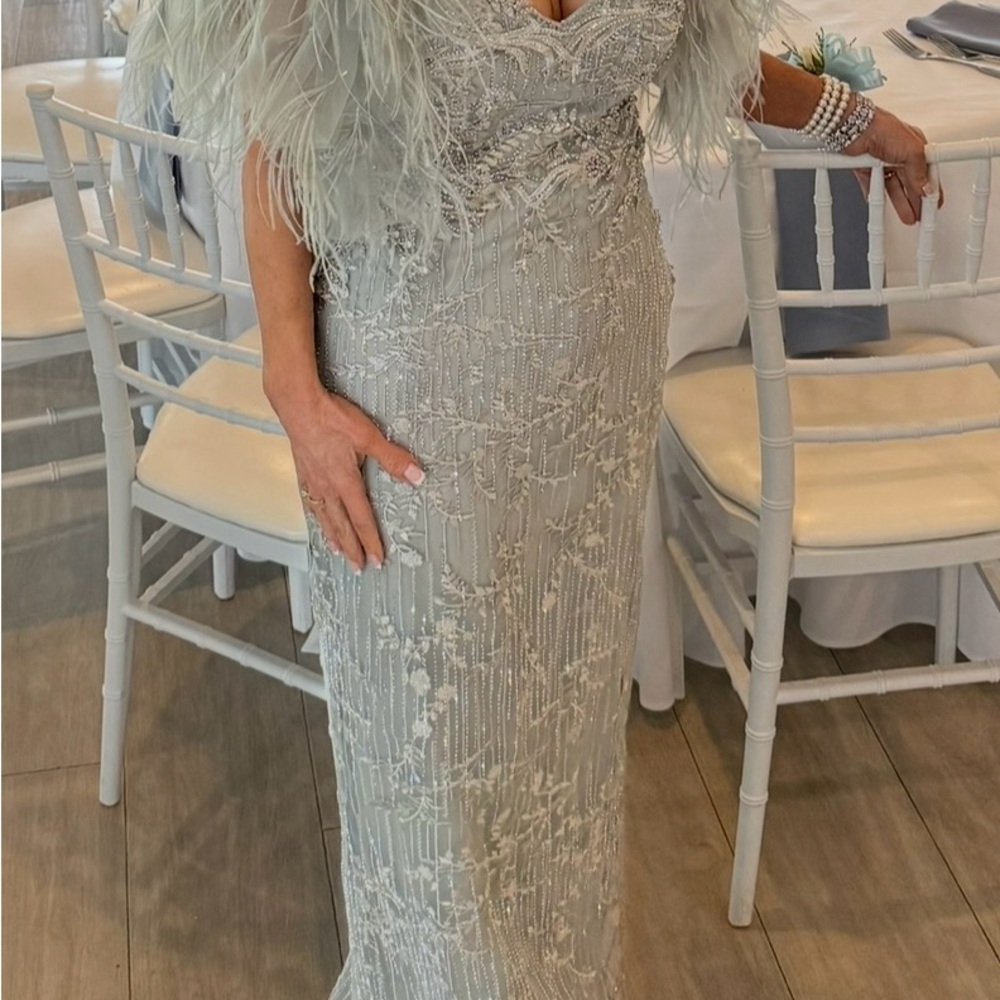 Montage by Mon Cheri Silver Feathered Maxi Dress